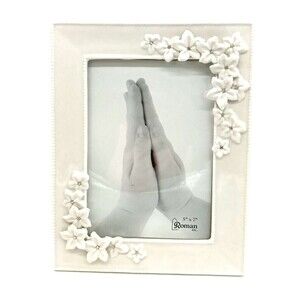 Roman Inc. White Glazed Porcelain 5X7 Frame With Raised Florals & Rhinestones